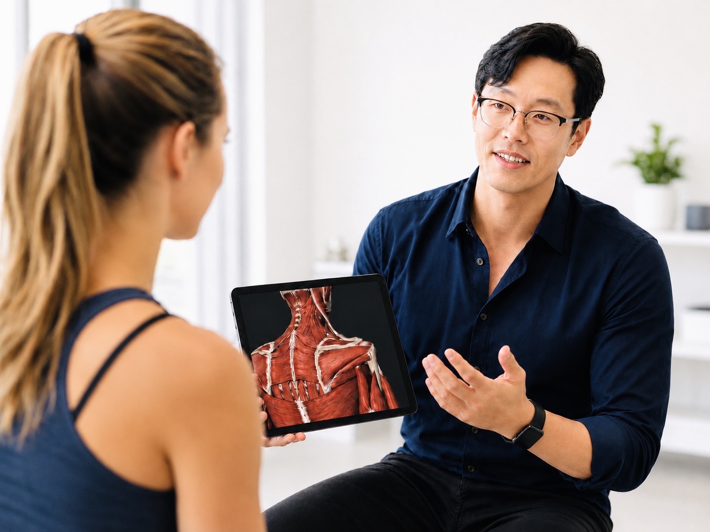 Dr. Brandon Lim using an anatomy image to explain a personalized treatment plan during a one-on-one appointment